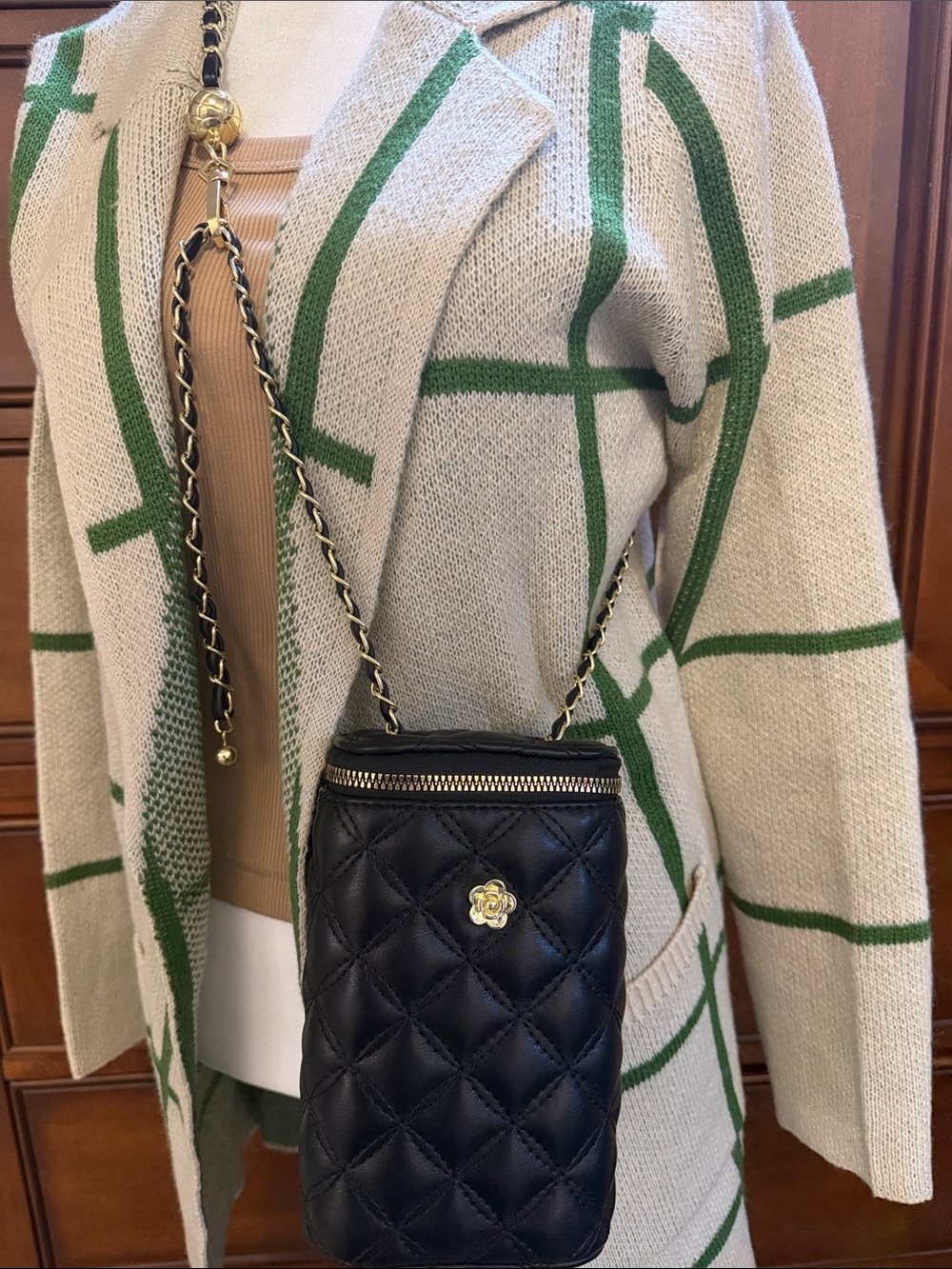 Quilted Black Crossbody Phone Bag with Gold Accent